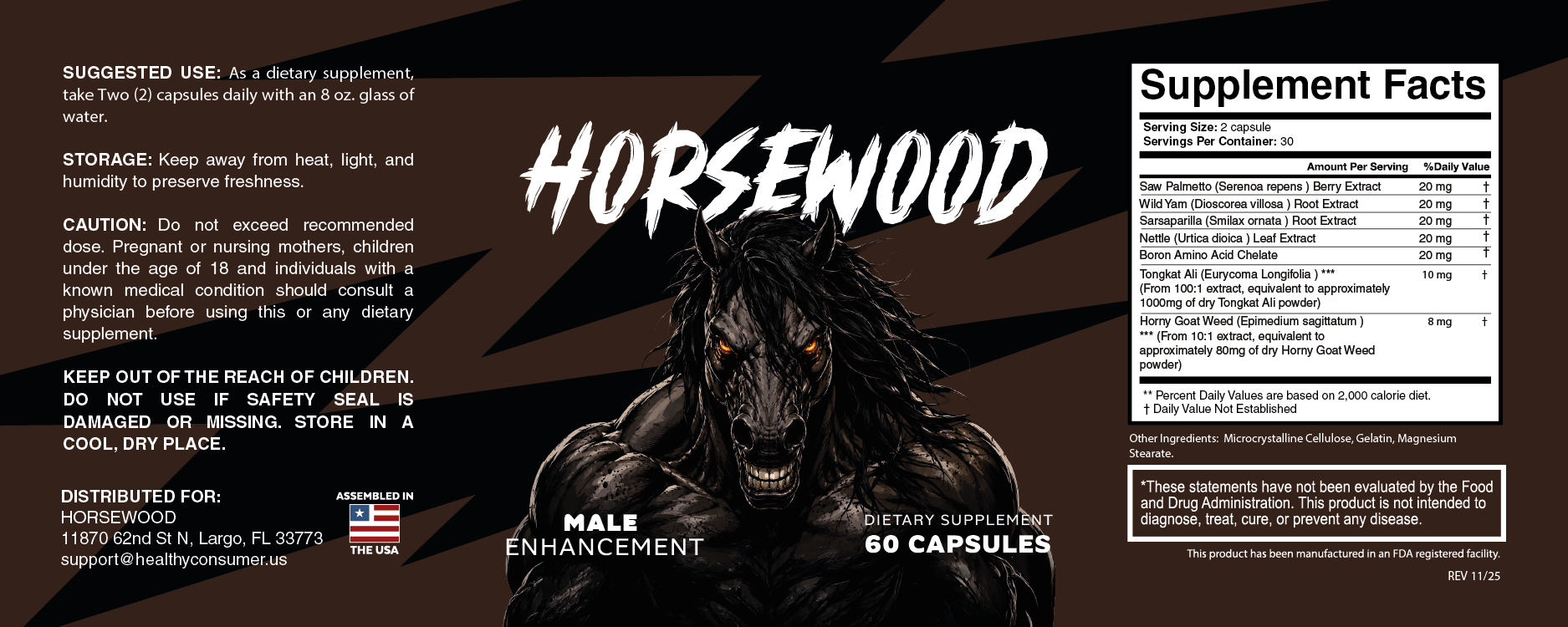 Horsewood Supplement Facts — full product label, 60 capsules